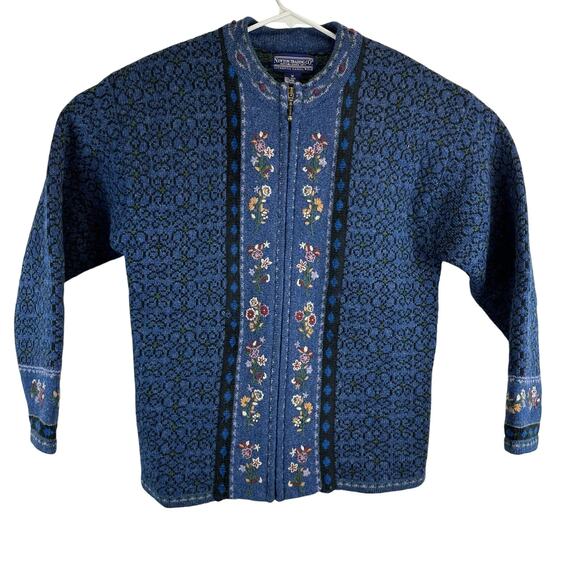 Newton Trading Co Blue Floral Shetland Wool Zip Sweater Womens Medium Grandma - Picture 1 of 16